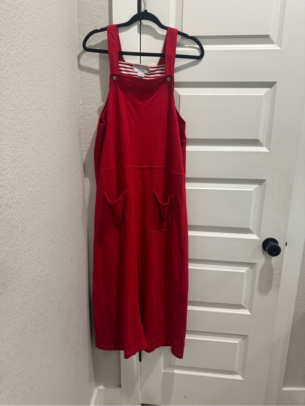 Jennifer Moore Red Pinafore Midi Dress with Front Pockets